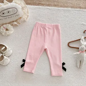 Cute infant baby pink ribbed leggings with black bow details toddler girl casual pants