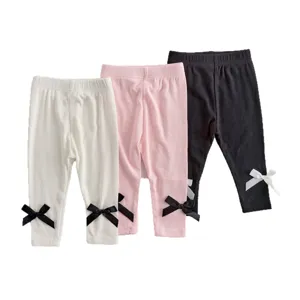 Cute ribbed toddler baby girls solid color leggings featuring sweet bow long pants main
