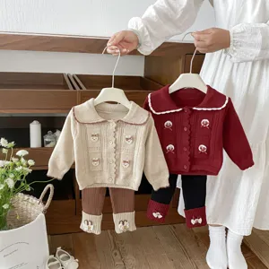 Toddler Girls Knit Cardigan And Bottom Set Cute Bear Long Sleeve Single Breasted Top And Pants Korean Style Kids Clothing