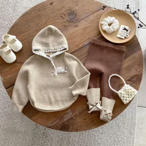 Baby knitwear set infant hooded sweater brown leggings toddler cute outfit flat lay photography