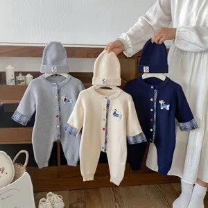 Baby knit romper and hat set infant long sleeve toddler cute puppy embroidery knitwear
