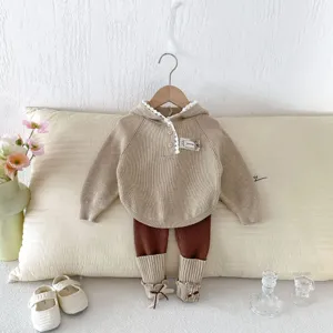 Toddler knitted clothing set, cute hooded sweater top and leggings two-piece outfit.