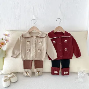 Autumn baby knitted cardigan and leggings two-piece set, cute Korean style toddler clothes, soft wear.