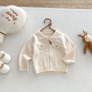 Infant beige knitted cardigan detail view, cozy lapel zipper sweater for baby daily wear