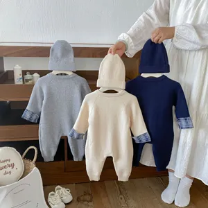 Infant long sleeve knitted romper and matching beanie set, baby everyday wear detail