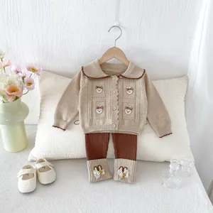 Toddler baby knit cardigan and leggings set cute bear embroidery autumn kids clothing