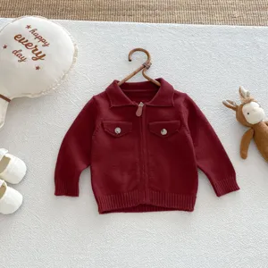 Infant burgundy knit cardigan sweater, cute baby baby casual fall top with zipper and pockets.