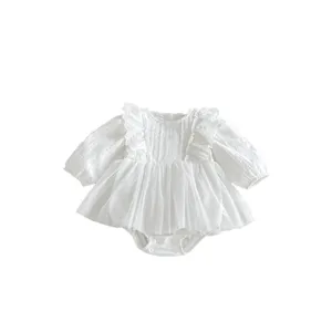 Cute baby girl long sleeve romper dress with tutu skirt, sweet white infant princess clothes.