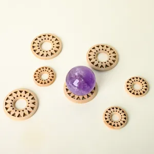 Solid wood crystal ball base hollow sunflower crystal sphere display stand decor set