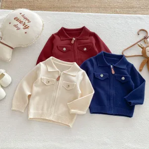 Detailed view of cute infant knit cardigan jacket with lapel and zipper, cozy style.