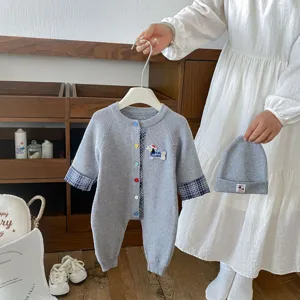 Infant baby knit romper set with cute dachshund embroidery, colorful buttons and plaid cuffs.