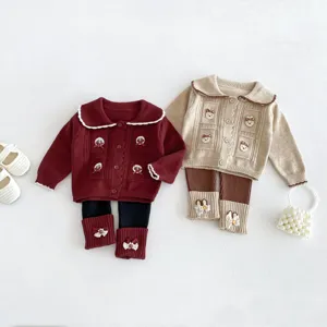 Infant autumn knitted cardigan and spliced leggings two-piece set, cute Korean baby clothes.