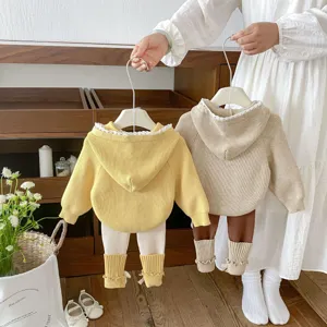 Infant baby knit hooded sweater set detail view, cute toddler winter clothing outfit.