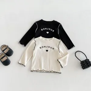 Neonata manica lunga a costine T-shirt bambina carina con volant autunno top base