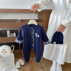 Infant baby knit romper and beanie set, cute dachshund embroidery, soft cotton toddler jumpsuit.