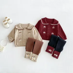 Cute autumn baby girl knitted cardigan and stylish spliced leggings two piece clothing set.