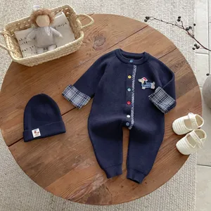 Infant baby knit romper set long sleeve jumpsuit with hat shoes cute dachshund embroidery