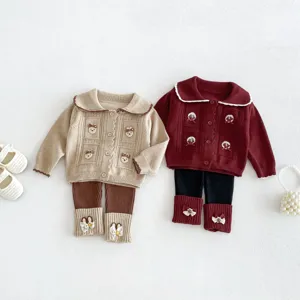 Korean style infant knitted cardigan and leggings set, cute toddler autumn clothing two-piece outfit.