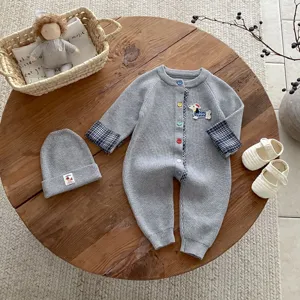 Cute baby knit romper set with hat, autumn long sleeve grey infant jumpsuit with dachshund motif.