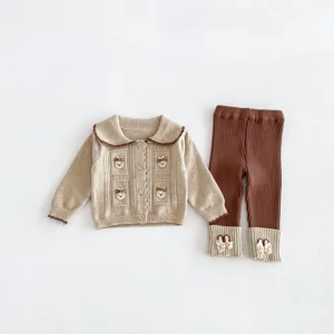 Cute toddler knit cardigan and patchwork leggings set, cozy autumn baby clothes style.