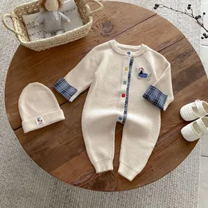 Infant knit long sleeve romper set with plaid cuffs, cute dachshund embroidery and buttons.