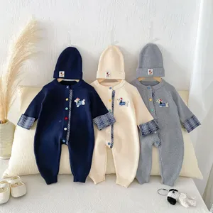 Infant baby knit romper set with matching hat long sleeve cute dachshund embroidery toddler outfit