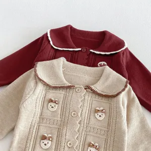 Infant knitted cardigan set, cute bear embroidery, sweet doll collar, single-breasted detail.