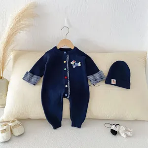 Baby infant long sleeve knitted romper and hat set cute dachshund design details view