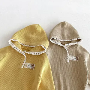 Toddler knit hooded sweatshirt with cute lace trim and bows, soft and comfortable for daily wear.