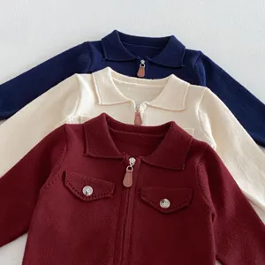 Infant knitted cardigan set, lapel collar, front zipper, soft woolen fabric for baby boys and girls.