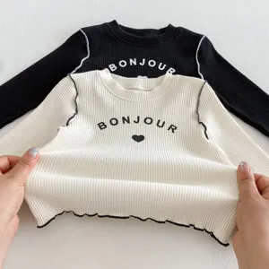 Neonata Bambina Maglietta Manica Lunga Costine Bordo Lattuga Top Casuale Quotidiano