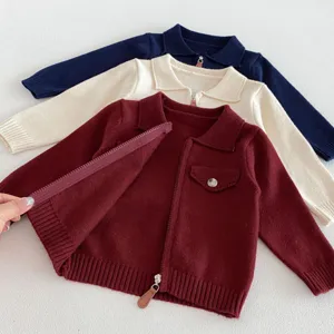 Infant knitted cardigan jacket detail view, baby polo collar sweater, cute children autumn top
