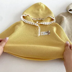 Infant baby girl cute yellow knitted hooded hoodie top with lace trim, cozy autumn style.