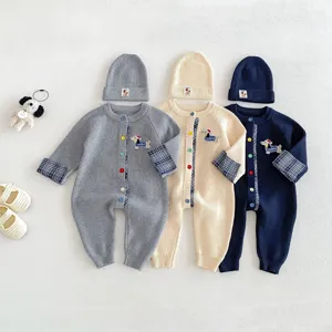 Infant autumn knit romper and beanie set, cute dachshund embroidery, long sleeve baby jumpsuit.