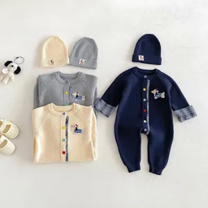 Infant baby knitted romper and hat set cute dachshund embroidery toddler cotton clothes