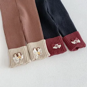 Toddler ribbed leggings set with cute bows, soft knitted autumn baby pants for girls.