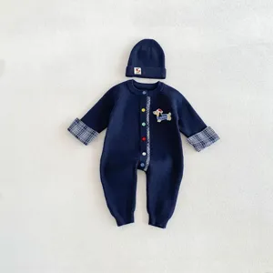 Infant baby navy blue knit romper and beanie set with cute puppy embroidery and plaid cuffs.