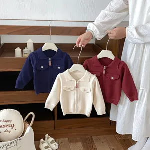 Baby Infant Knit Cardigan Outerwear Unisex Long Sleeve Zip Up Polo Collar Solid Color Fall Sweater Top