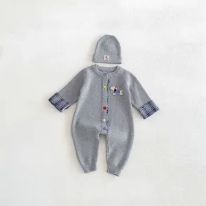 Cute baby knit romper and hat set with puppy patch and plaid cuffs for infants daily wear.
