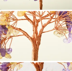 Natural crystal money tree detail view with copper wire and gemstone chips design piece display