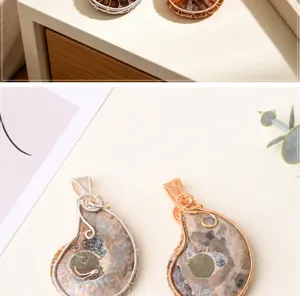 Close-up detail of natural ammonite fossil shell pendant, handmade wire-wrapped conch slice necklace.