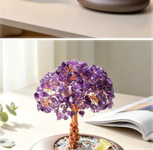Natural amethyst crystal money tree bonsai ornament for office table home fengshui decor gift