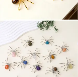 Natural crystal stone spider figurine metal leg desktop ornament Halloween decor healing