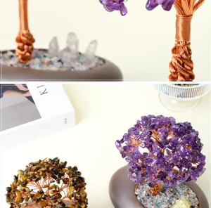Natural amethyst crystal money tree bonsai figurine, copper wire wrapped gemstone decor.