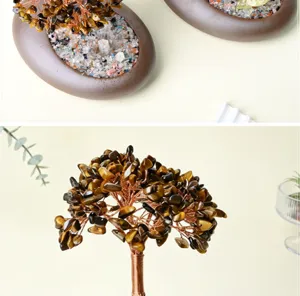 Crystal money tree detail view featuring natural stones, copper wire branches, and ceramic pot base.