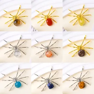 Natural Crystal Stone Spider Figurine Handmade Metal Wire Animal Ornament Desktop Crystal Craft Halloween Decor Gift