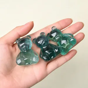 Handcrafted green fluorite crystal bear figurine, geometric faceted cute animal stone carving decor.