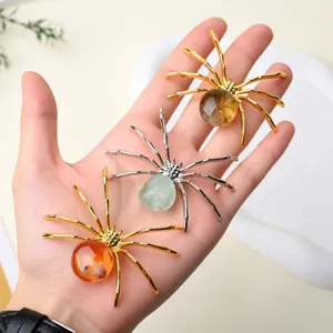 Natural crystal stone spider ornament desktop Halloween decor creative metal craft figurine