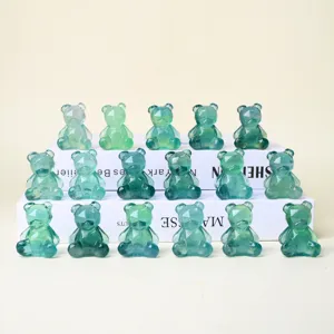 Green Fluorite Crystal Bear Figurine Geometric Faceted Healing Stone Animal Ornament Decor