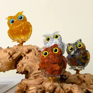 Handmade crystal resin owl figurine set, natural stone chipped decorative ornament